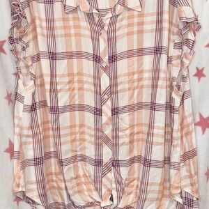 COMO VINTAGE 2X. Sleeveless Plaid Button-Front Tie Hem Top - Peach Plaid